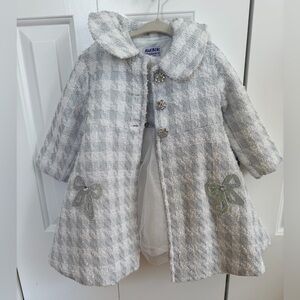 Blueberi Boulevard Toddler Houndstooth Bow Coat in Gray & White